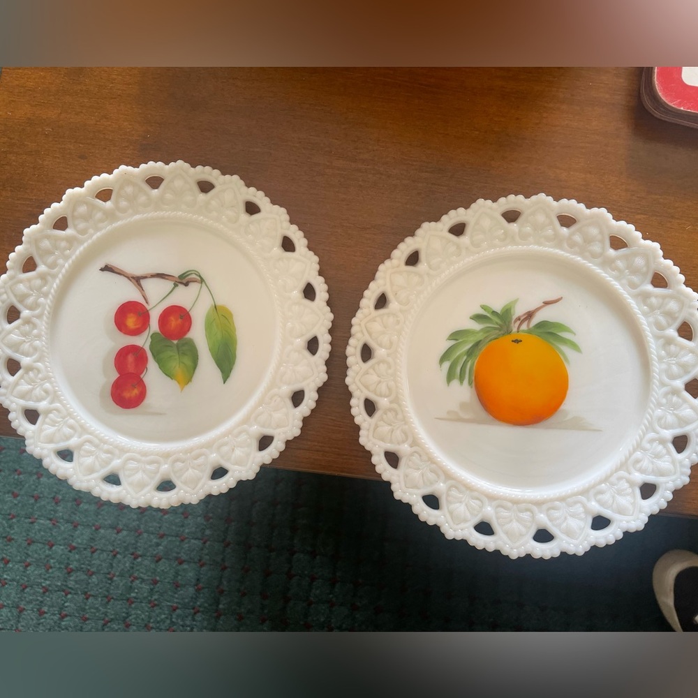 Vintage Kemple Milk Glass Hand Painted Fruit Plates